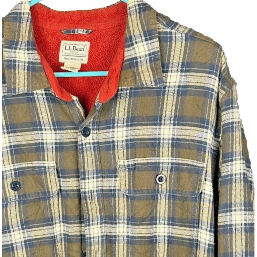 LL Bean Fleece Lined Flannel Shirt Mens Large Reg Plaid Long Sleeve Button Green